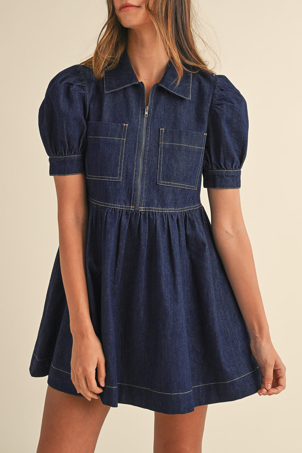 Dirty blue Zipped up Bodice Collared Short Puff Sleeve Denim Dress