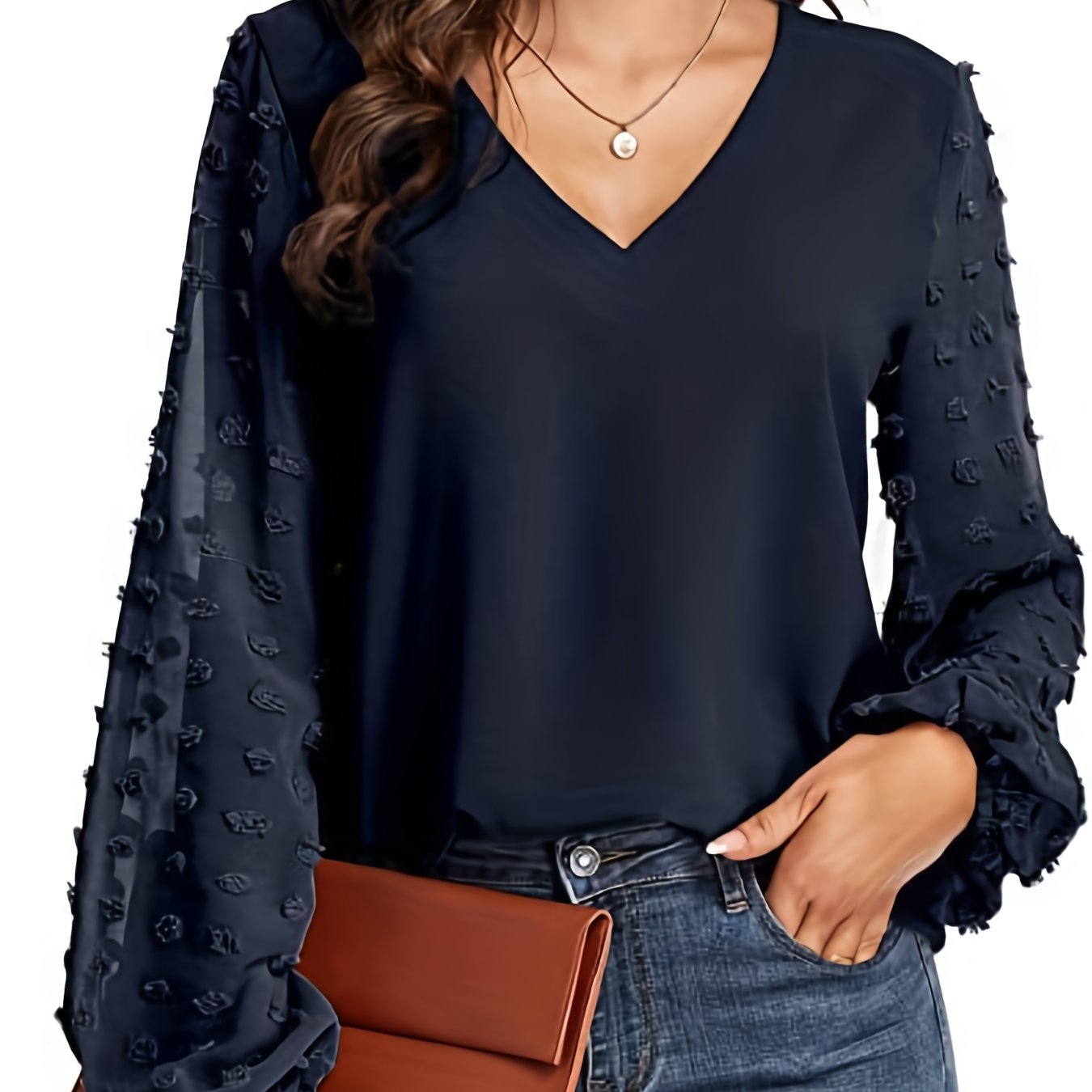 Swiss Dot Sleeve Shirt, Casual V Neck Solid Shirt