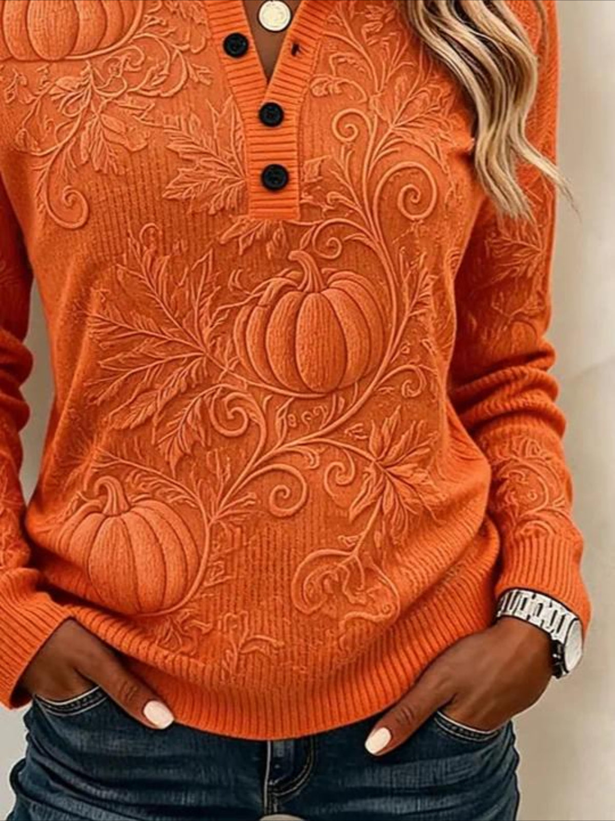 Maple Leaf V Neck Button Long Sleeve T-Shirt