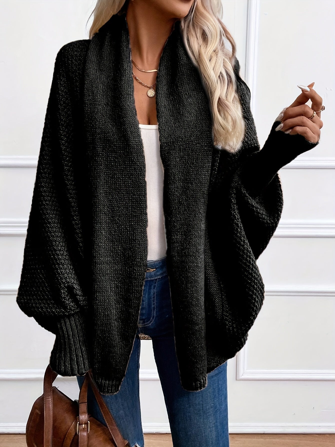Cozy Solid Color Batwing Sleeve Cardigan - Women's Elegant Knitted Cardigan