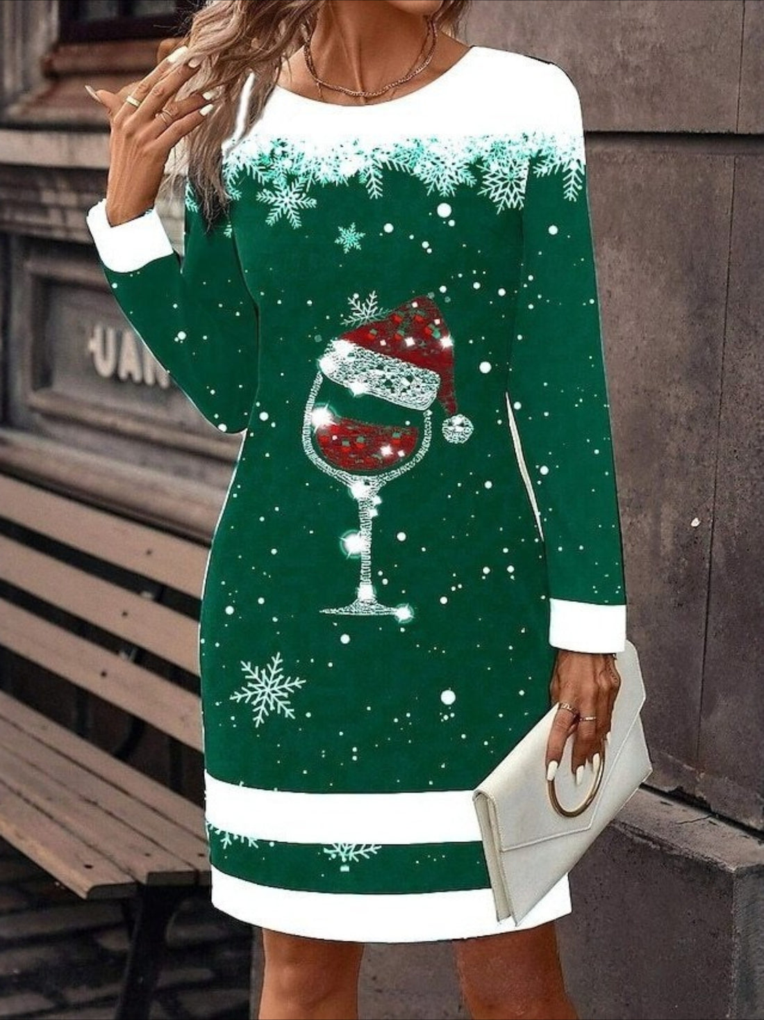 Creative Retro Printing Comfortable Soft Crew Neck Hip Wrap Knitted Sweater Dress