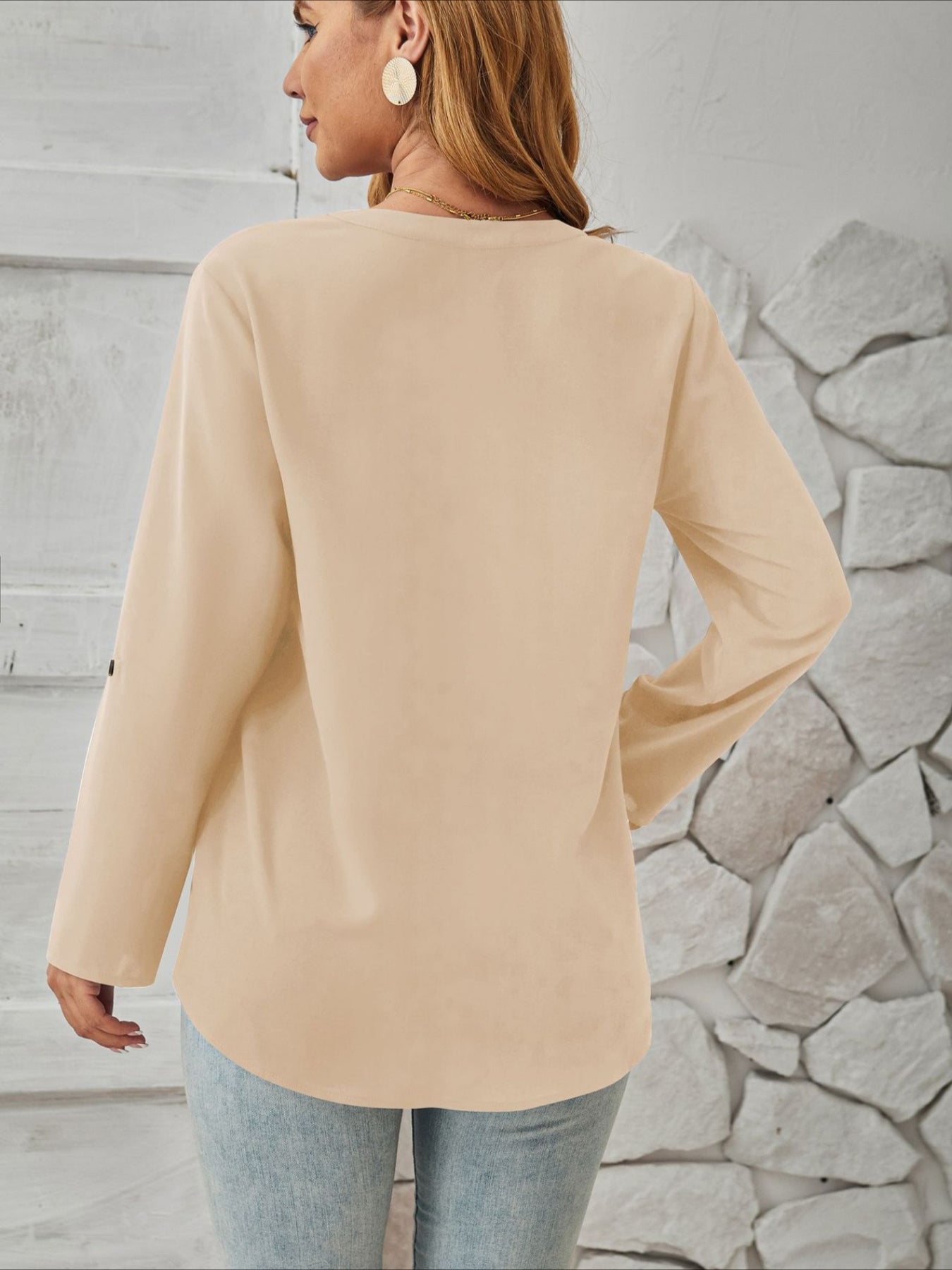 V-Neck Solid Color Comfortable Breathable Casual Long Sleeve Top