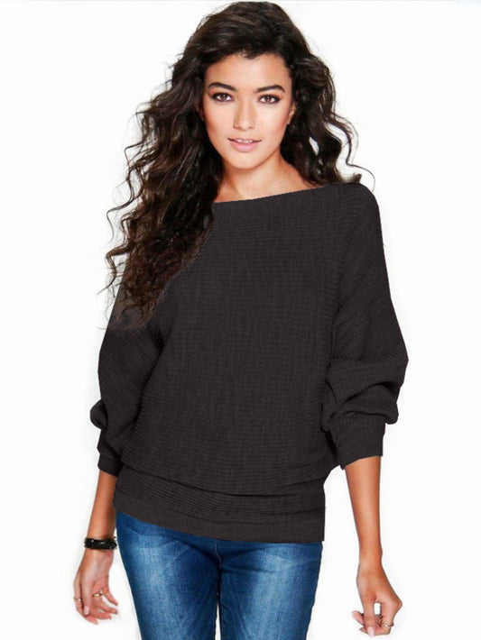 Solid Boat Neck Pullover Sweater, Casual Batwing Sleeve Drop Shoulder Sweater