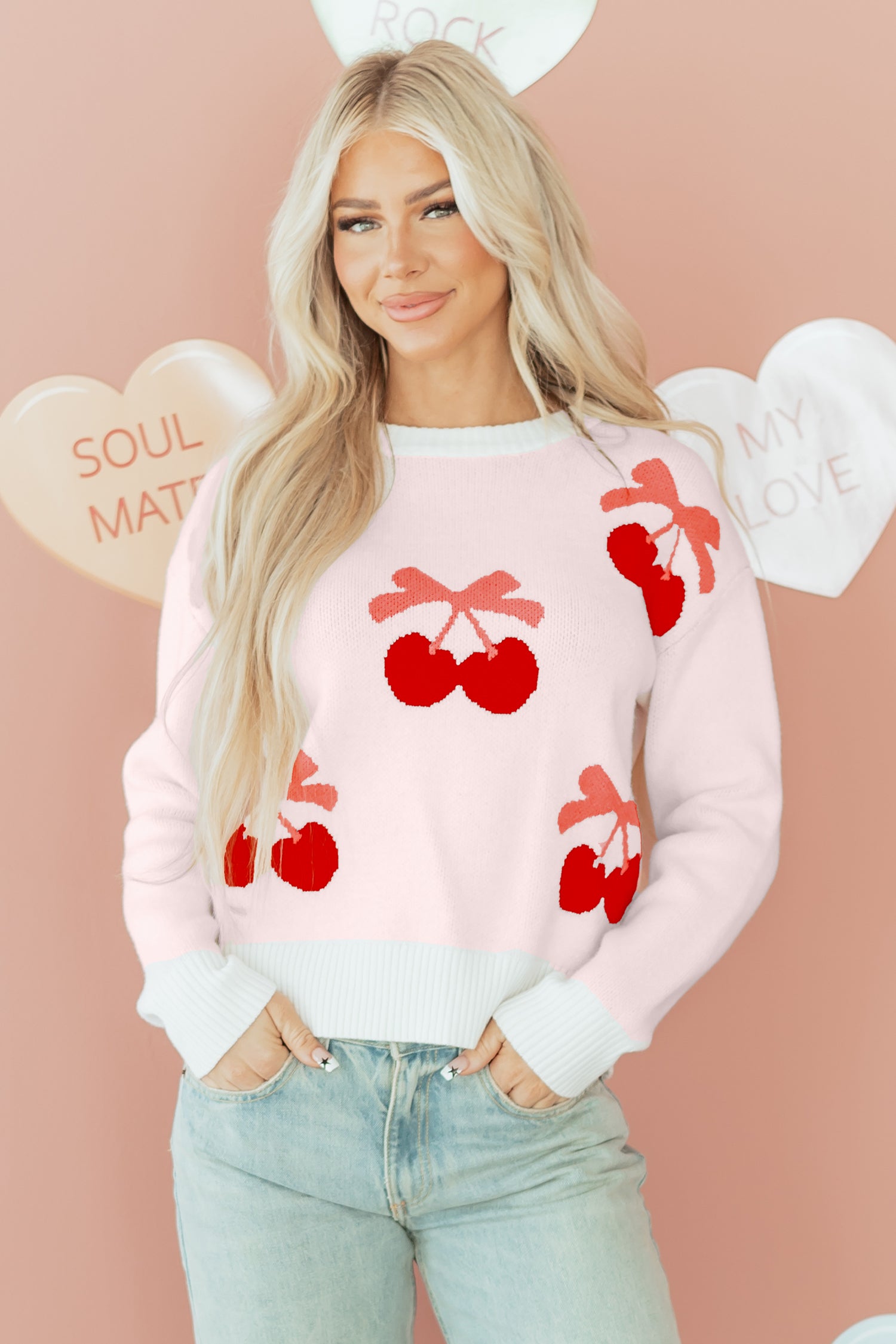 White Cherry Pattern Drop Shoulder Sweater