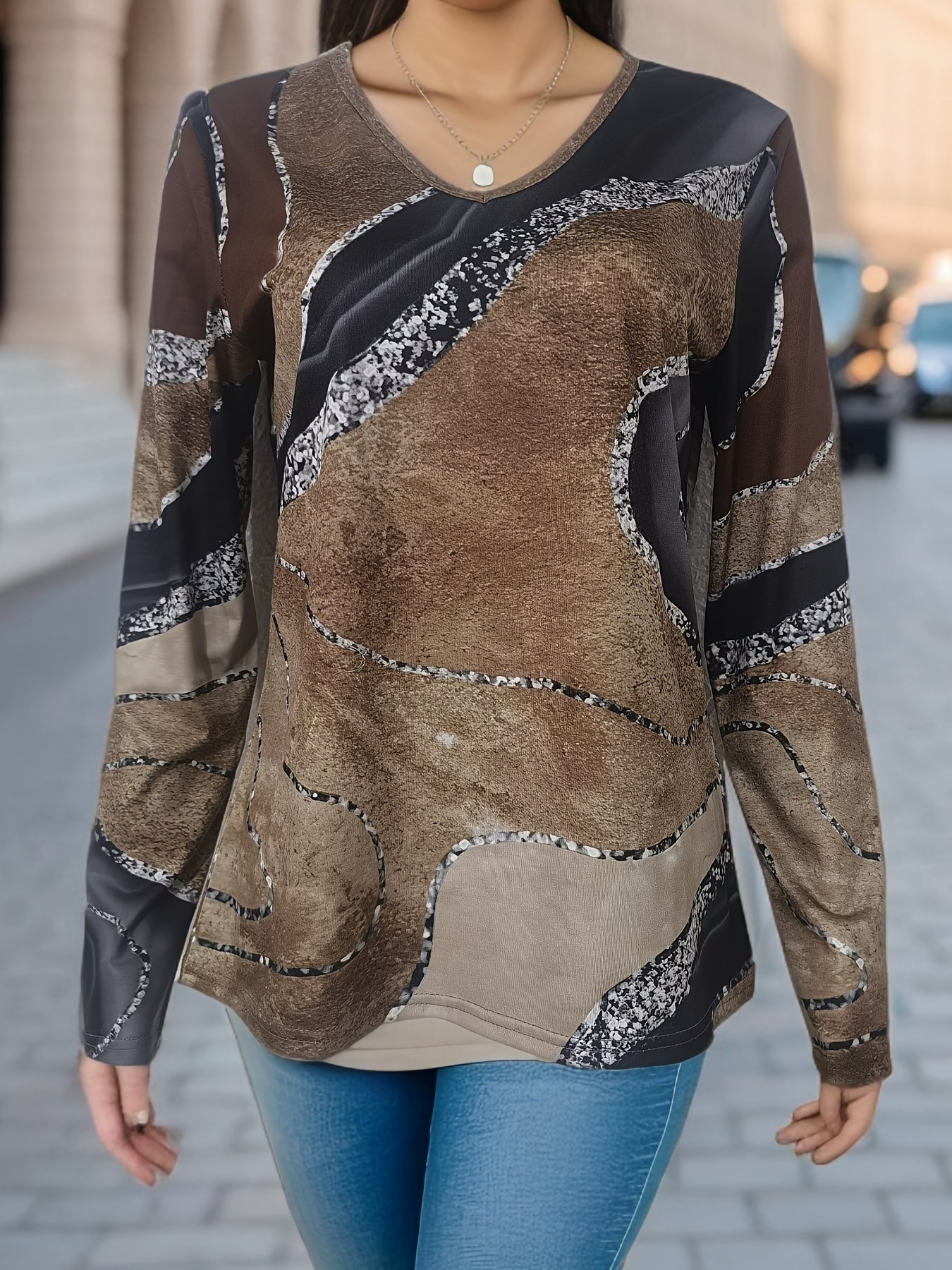 Marble Print V-neck T-Shirt, Vintage Long Sleeve T-Shirt