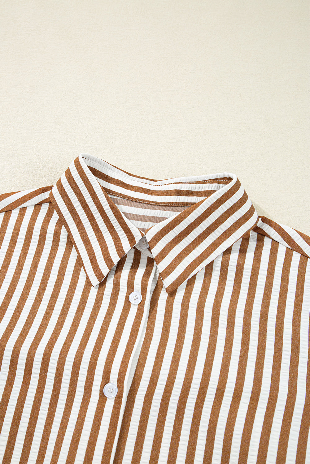 Brown Stripe Ruffled Hem Collared Long Sleeve Shirt Mini Dress