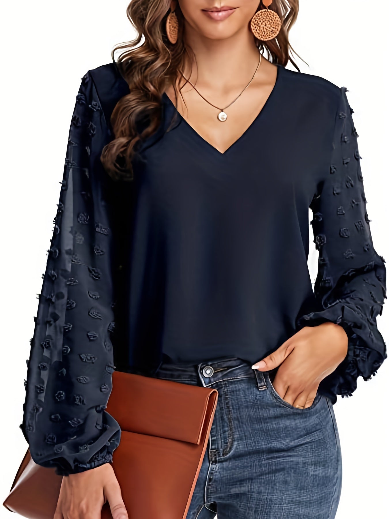 Swiss Dot Sleeve Shirt, Casual V Neck Solid Shirt