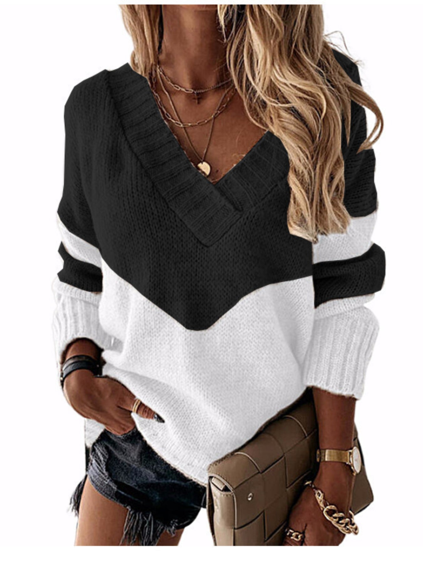 Color Block Simple Knit Sweater, Casual V Neck Long Sleeve Sweater