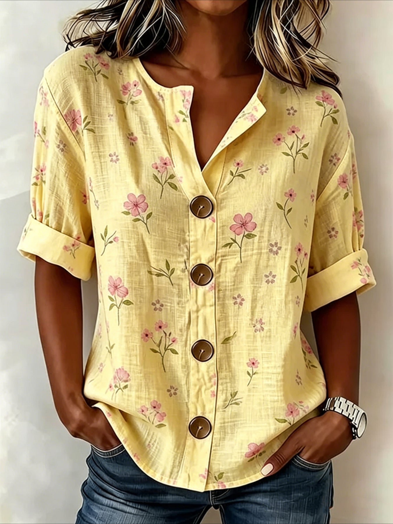 Floral Loose Stand Collar Simple Linen Blend Long Sleeve Shirt