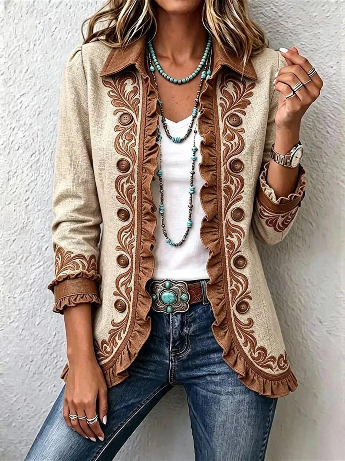 Totem Prints Long Sleeve Ruffle Edge Open Button Cardigan Coat