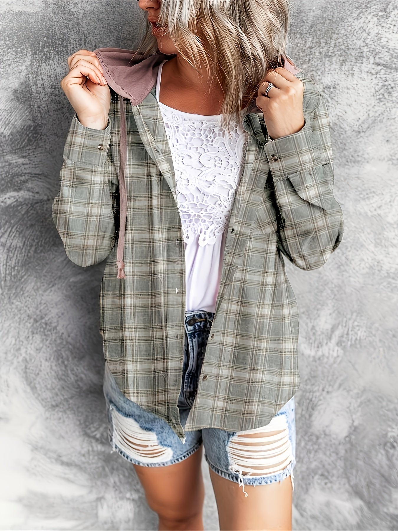 Plaid Print Hooded Shirt, Casual Long Sleeve Drawstring Shirt