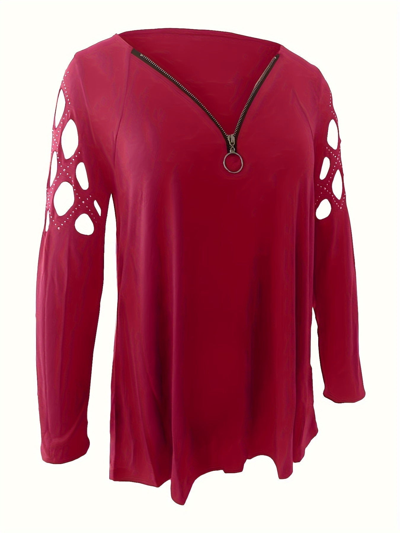 Cutout Zipper Front T-Shirt, Casual V Neck Long Sleeve T-Shirt