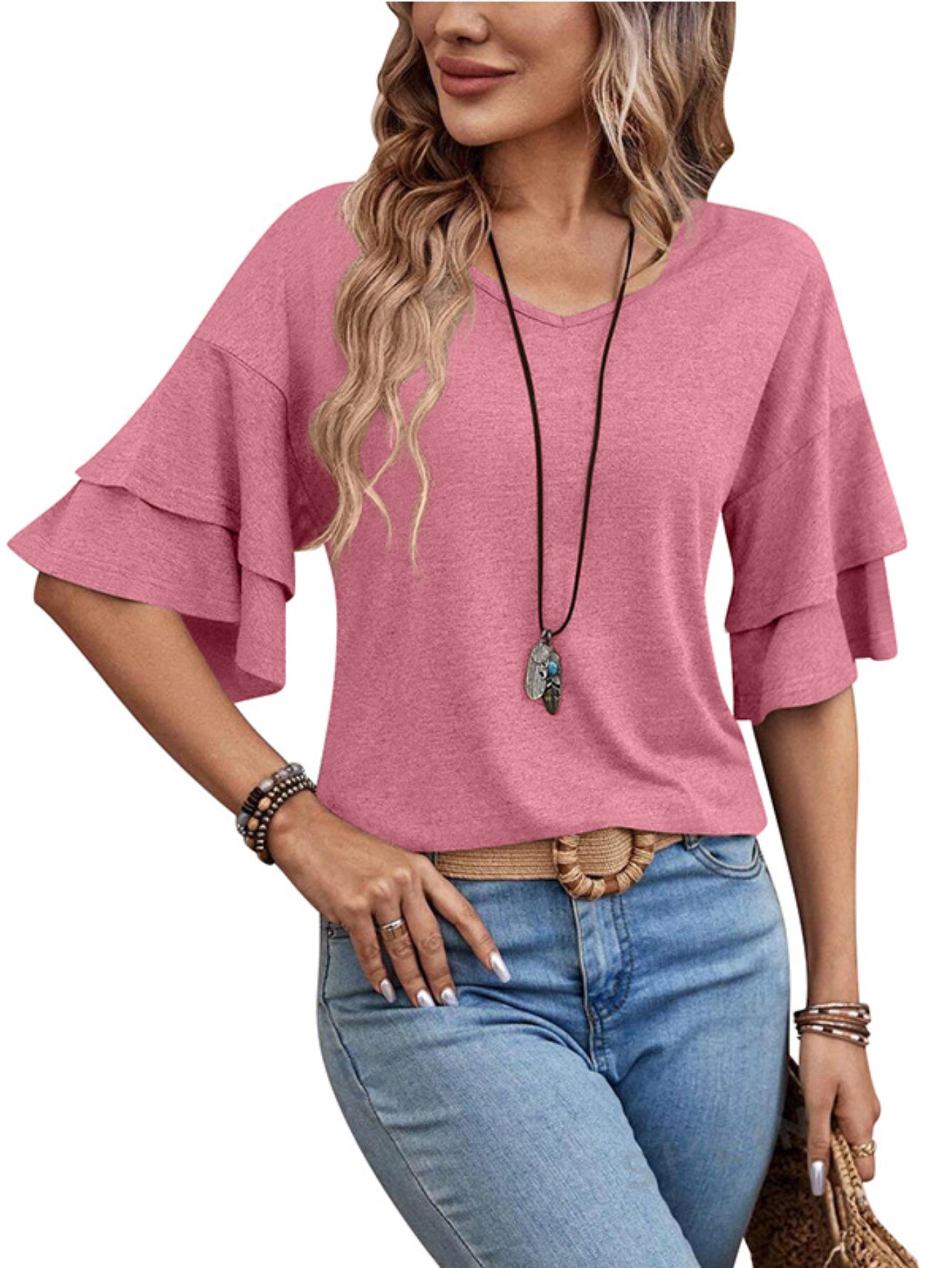 Casual Solid Color Flare Sleeve V Neck T-Shirt