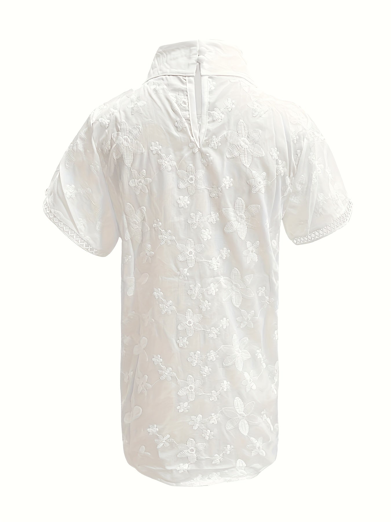 Stand Collar Floral Jacquard Short Sleeve Round Neck Blouse