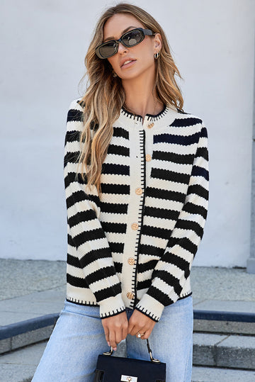 Black Stripe Chic Golden Button Cardigan Sweater