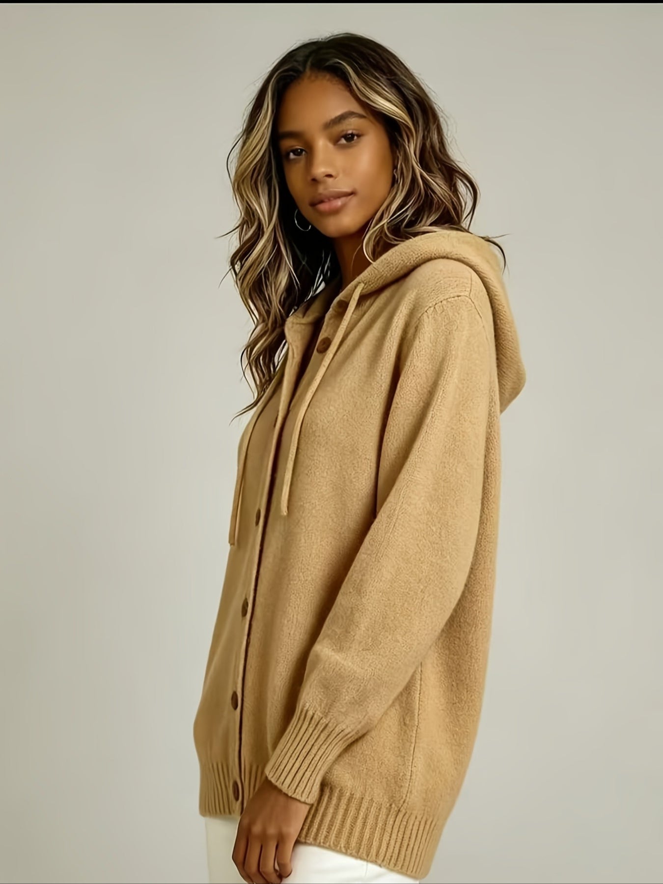 Solid Color Casual Hooded Cardigan Coat with Buttons