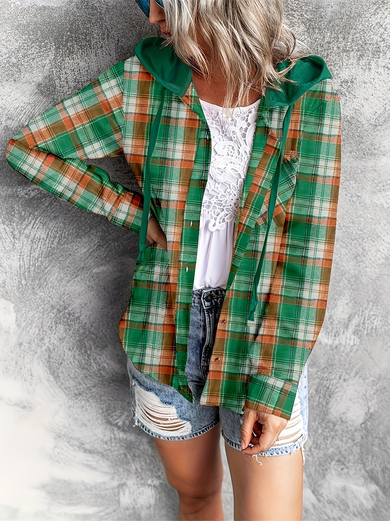 Plaid Print Hooded Shirt, Casual Long Sleeve Drawstring Shirt