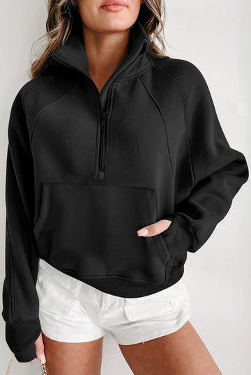 Black Zip Up Stand Collar Ribbed Thumbhole Sleeve Sweatshirt