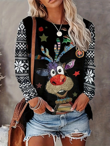 Christmas Pattern Crew Neck Pullover Sweater, Casual Long Sleeve Thin Sweater