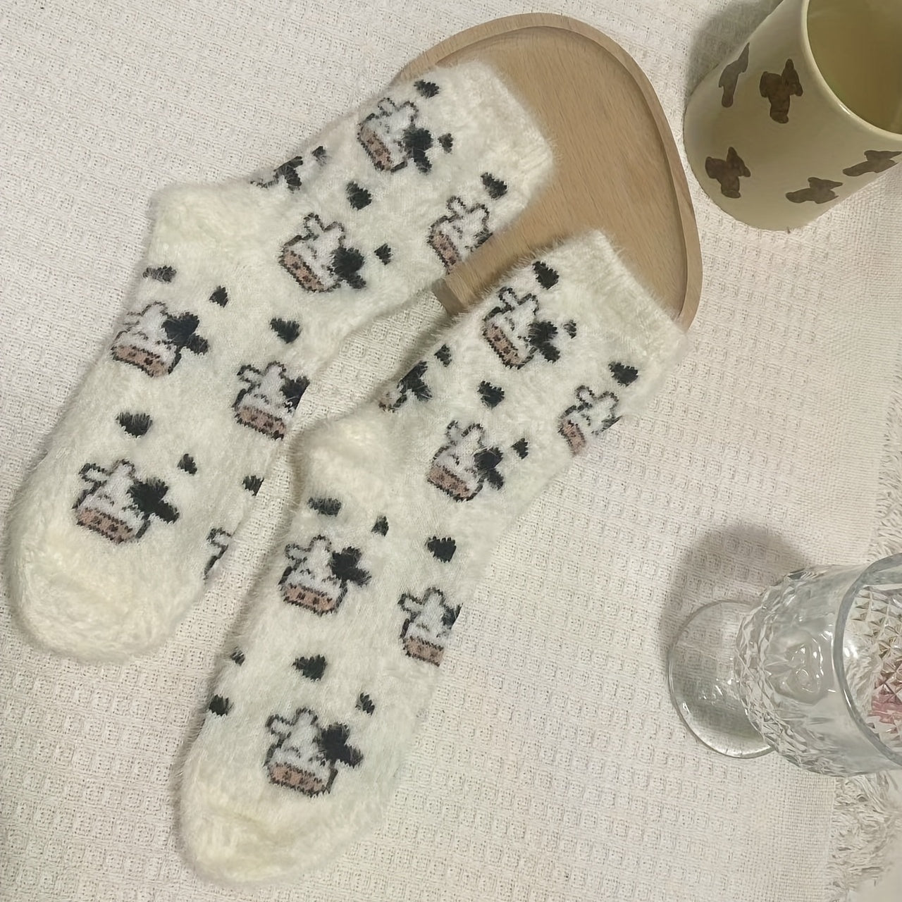 Cute Cow Spots Print Socks, Thickened & Warm Coral Fleece Socks