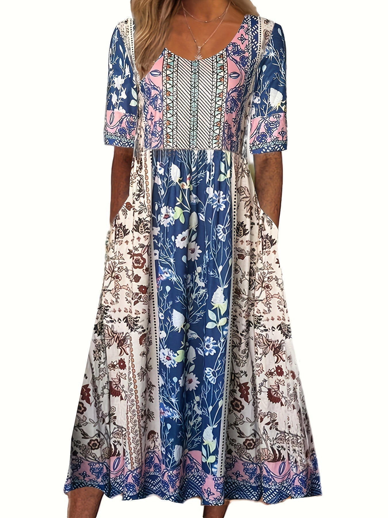 Floral Print Crew Neck Dress, Casual Short Sleeve Dress