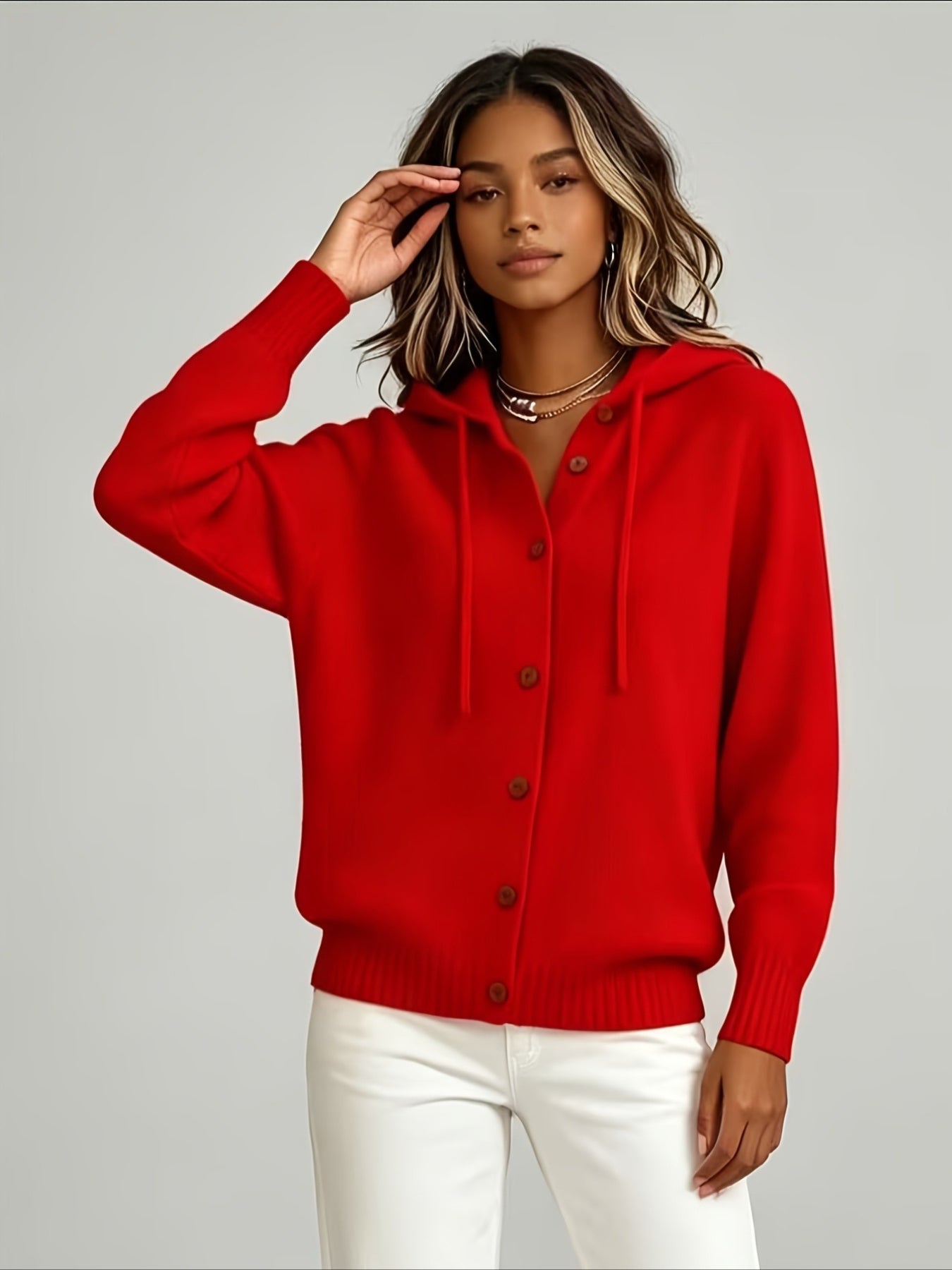 Solid Color Casual Hooded Cardigan Coat with Buttons