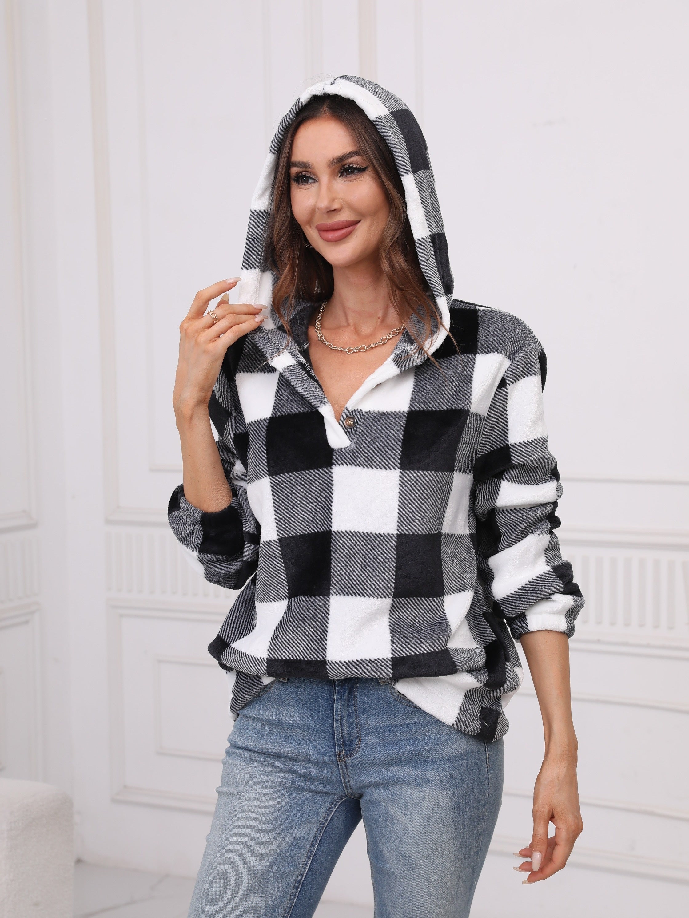 Plaid Print Simple Hoodies, Casual Drop Shoulder Long Sleeve Sweatshirt