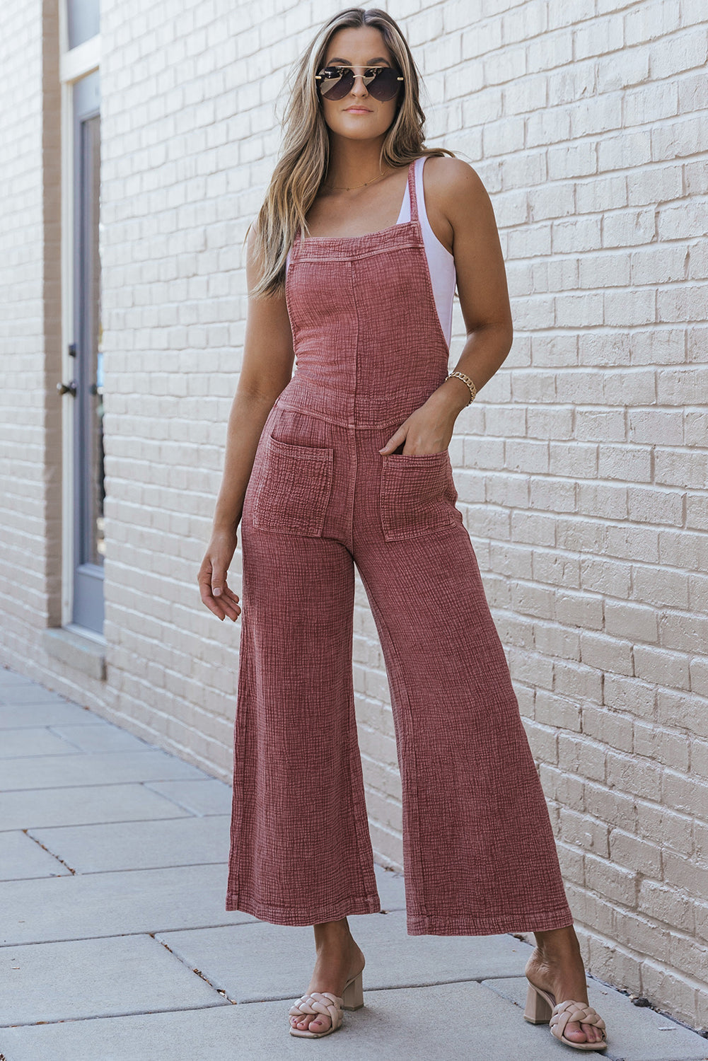 Fiery Red Textured Shoulder Straps Pocketed Overalls