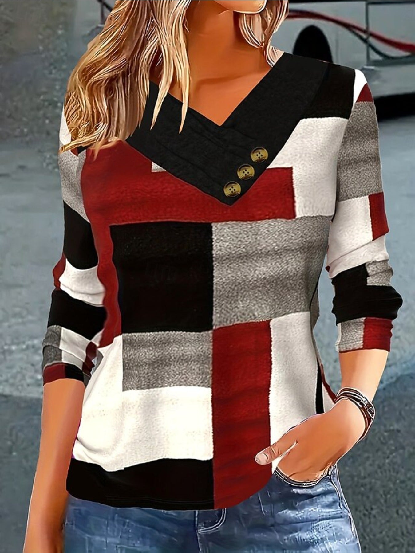 Christmas Grid Print Button Decor T-shirt, Casual Long Sleeve Plaid Print T-shirt