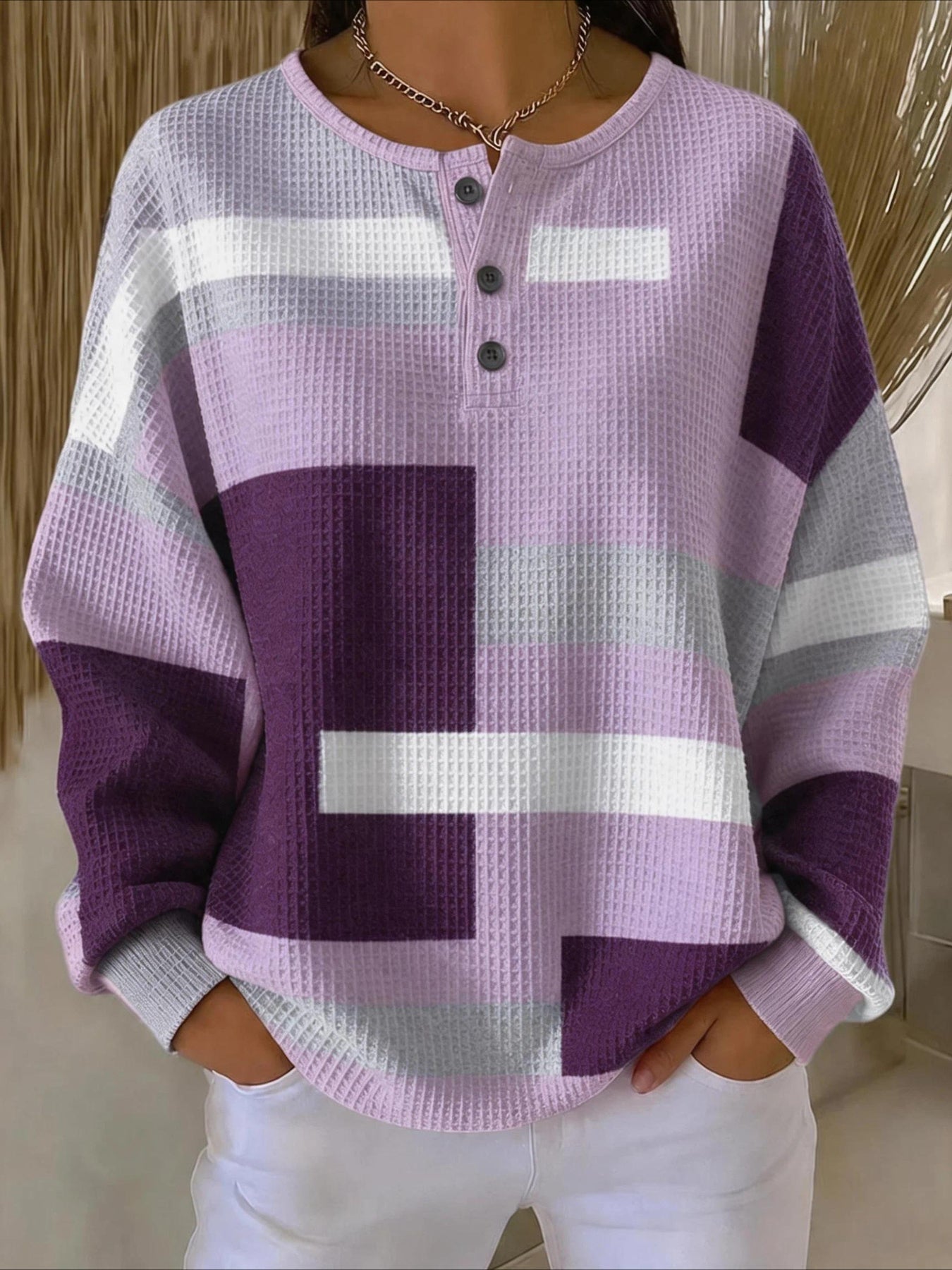 Abstract Graphic V Neck Long Sleeve Regular Tops