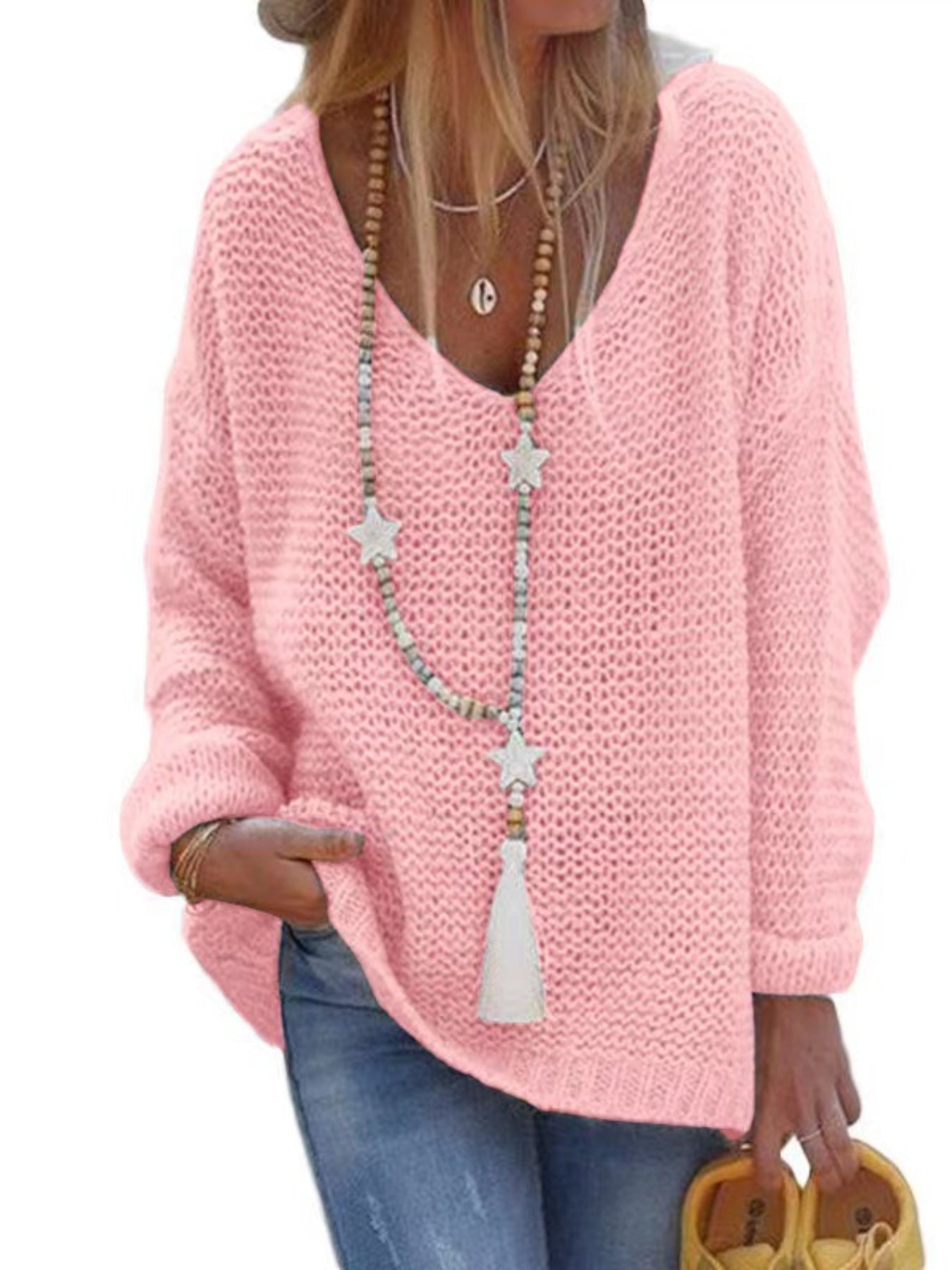Solid V Neck Knitted Pullover Sweater, Casual Long Sleeve Sweater