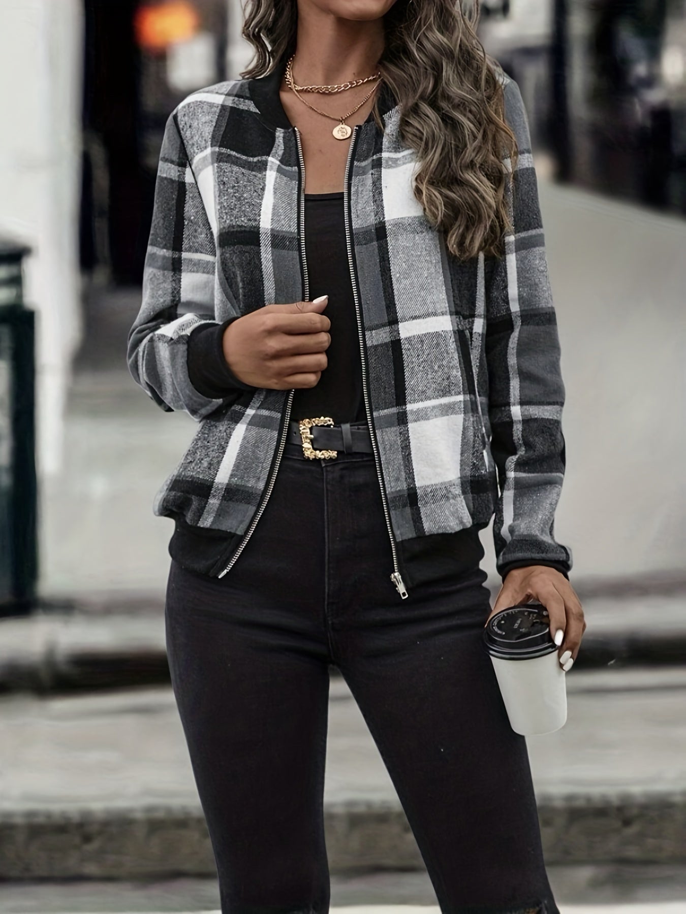 Plaid Print Bomber Jacket, Casual Zip Up Long Sleeve Outerwear
