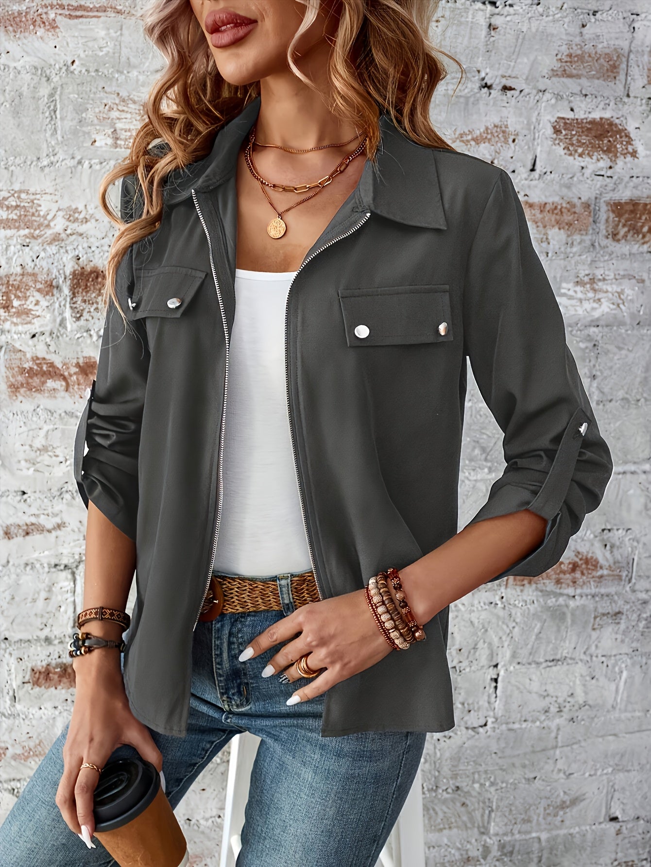 Solid Color Zip Up Jacket, Elegant Long Sleeve Flap Detail Jacket