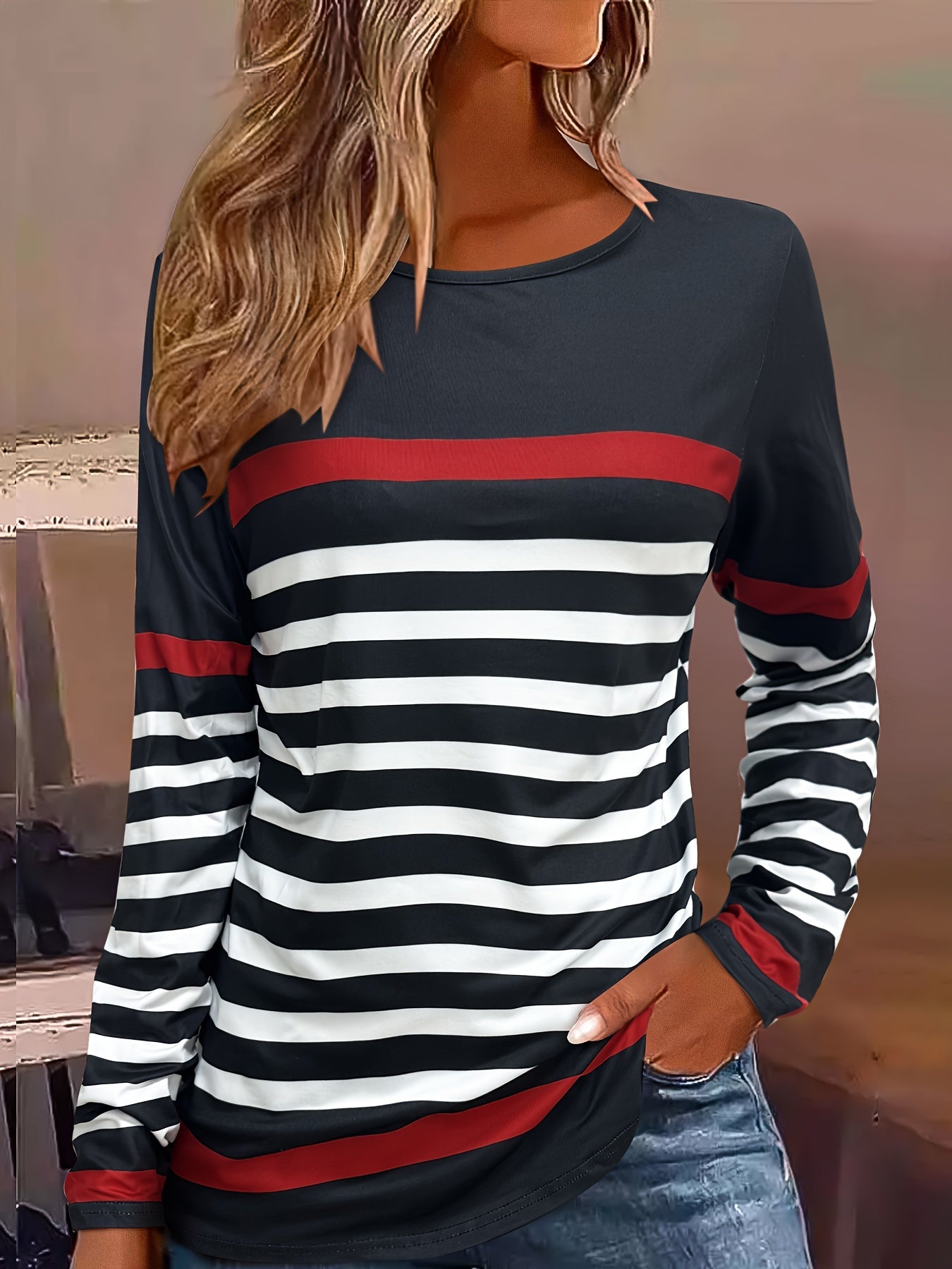 Casual Crew Neck Long Sleeve Striped Print T-shirt