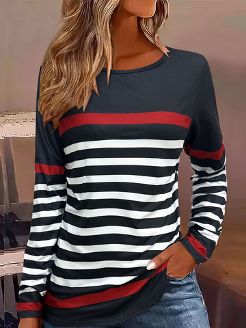 Casual Crew Neck Long Sleeve Striped Print T-shirt