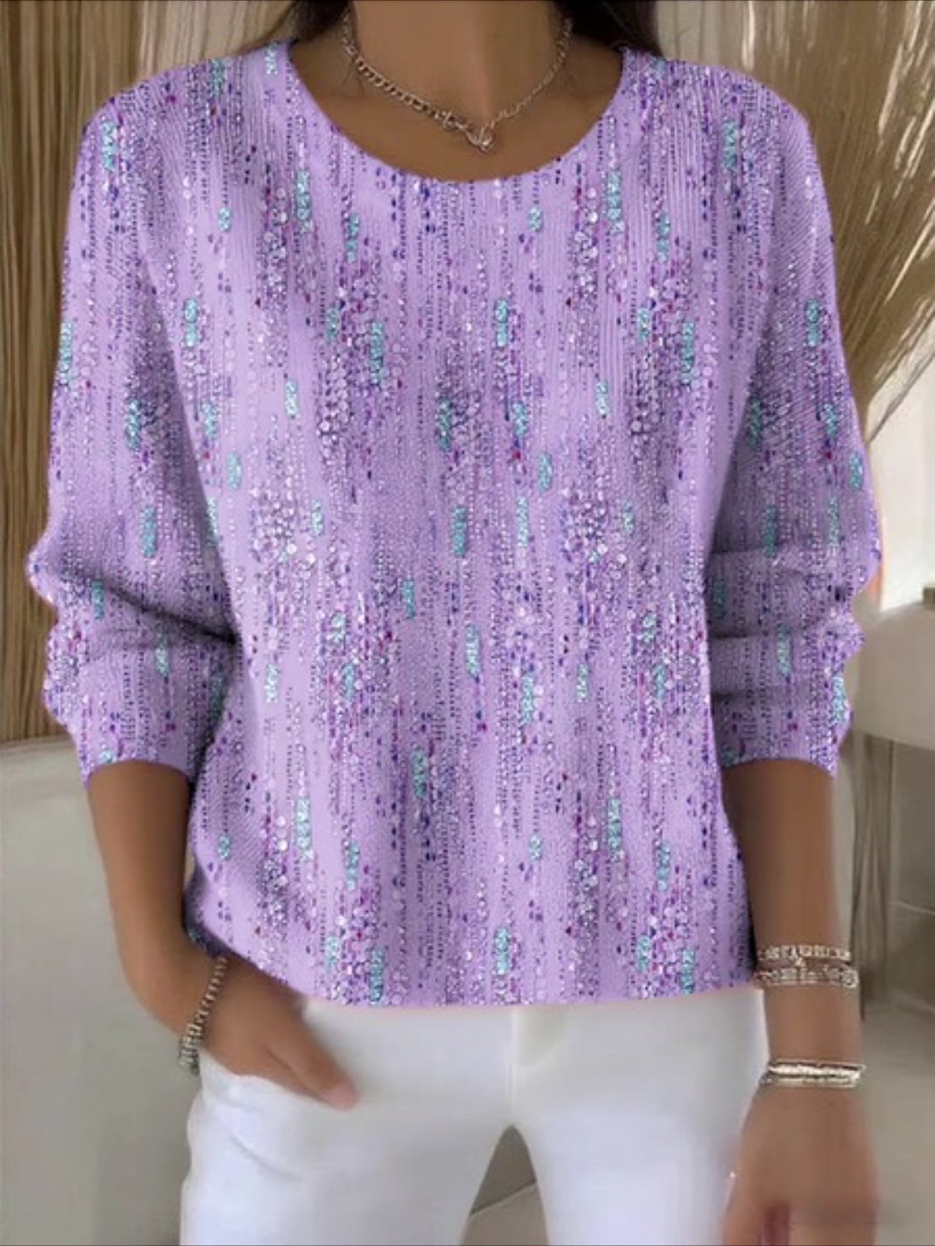 Crew Neck Floral Long Sleeve Comfy Casual Sweater Tee