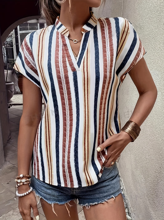 Striped Print Notched Neck Blouse, Casual Short Sleeve Blouse