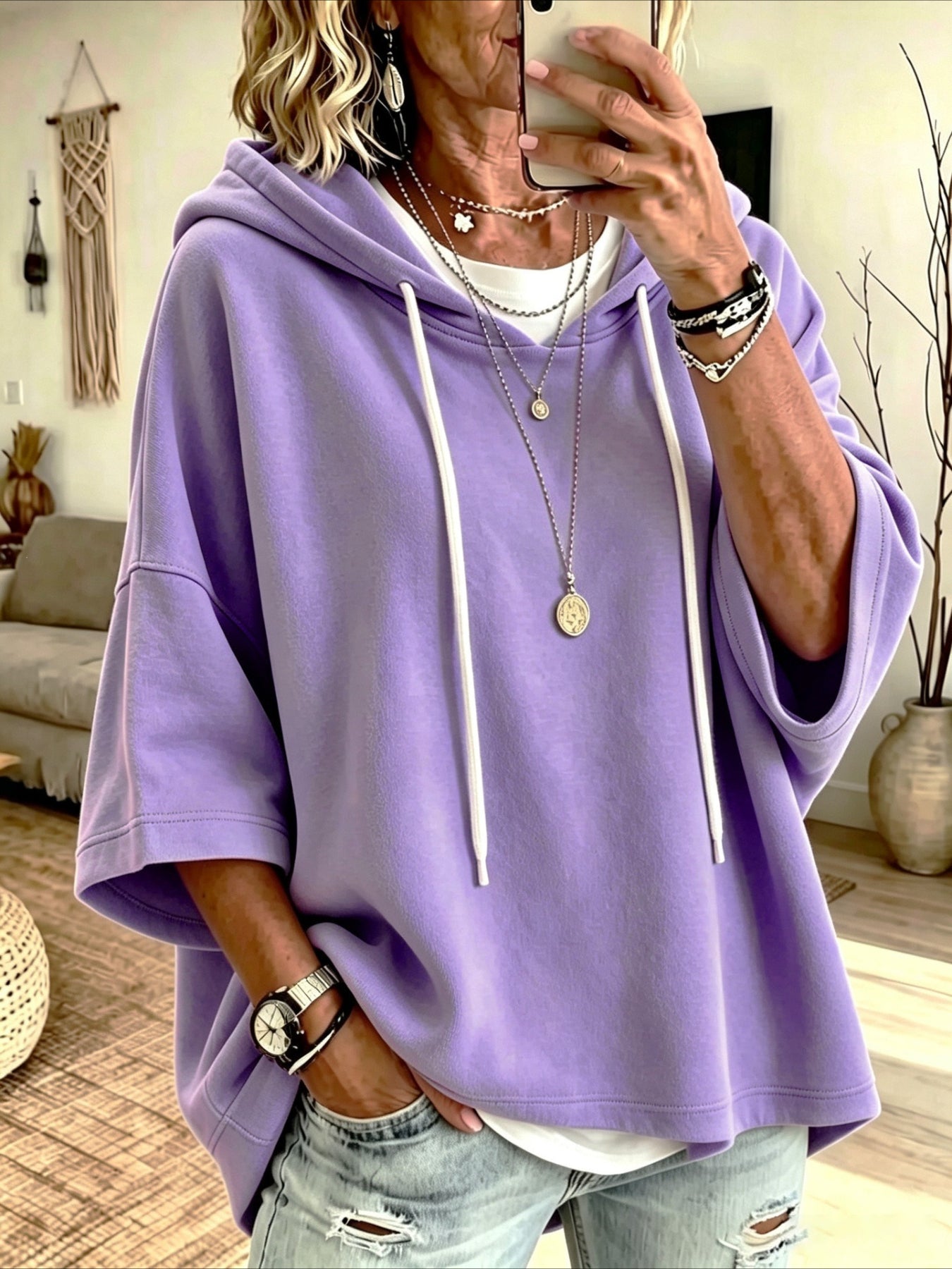 Seven-quarter Sleeves Solid Color Casual Hooded Sweatshirt