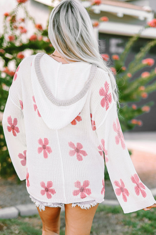 White Floral Print Lightweight Knit Hooded Sweater