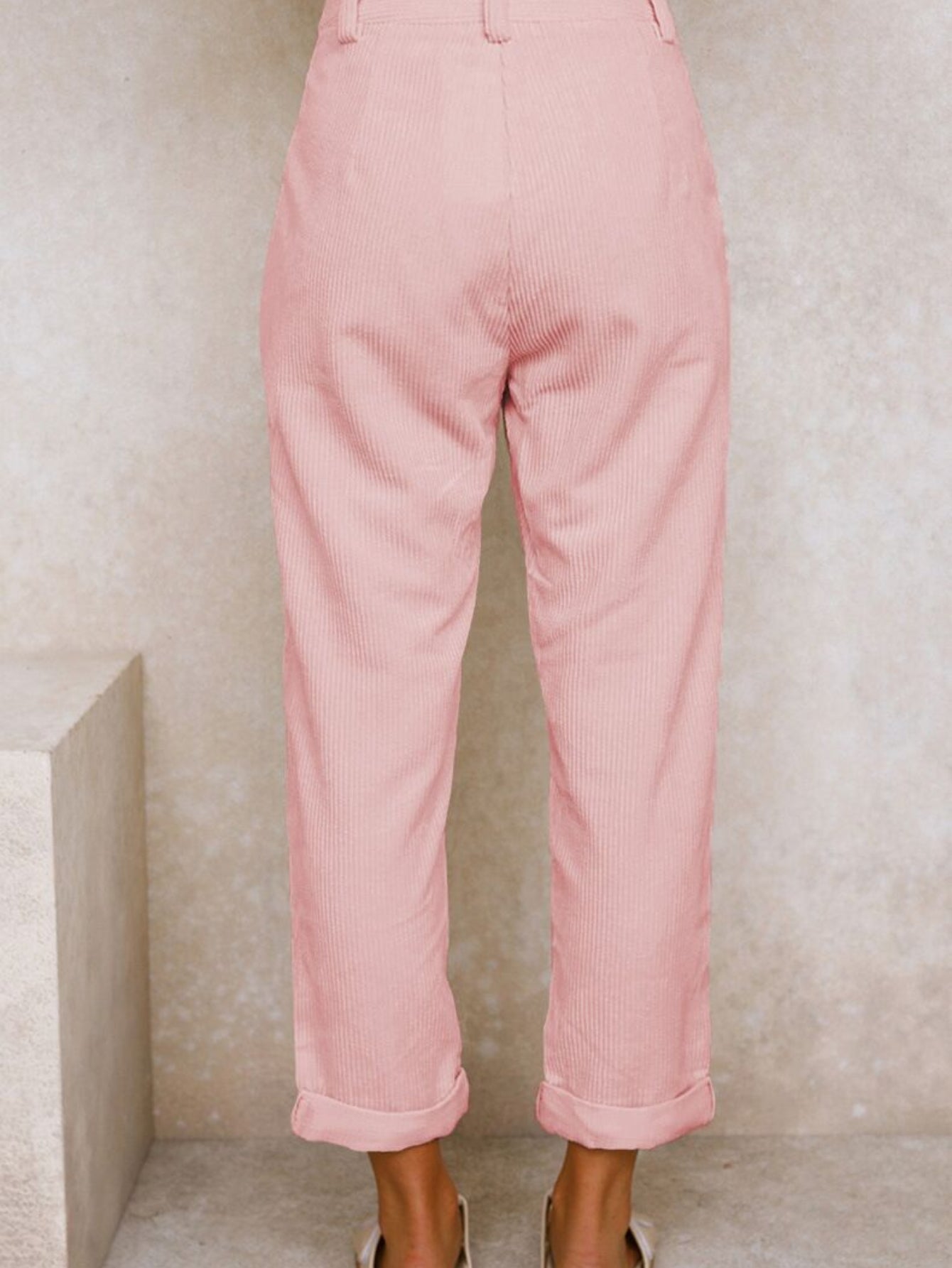 Women's High-Waist Corduroy Pants - Casual Solid Color, Loose Fit Straight Leg with Pockets
