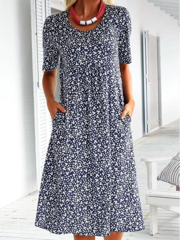 Loose Floral Print Short Sleeve Midi Dress