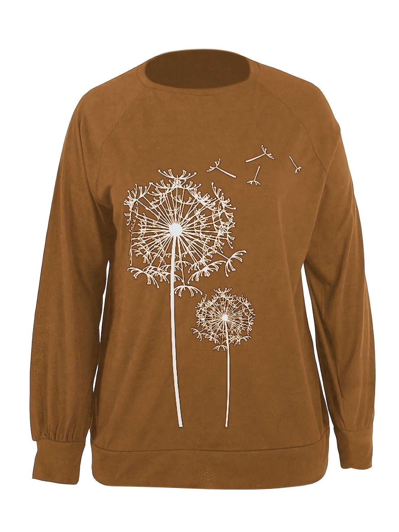 Dandelion Print Crew Neck T-shirt, Casual Loose Long Sleeve T-Shirts Tops