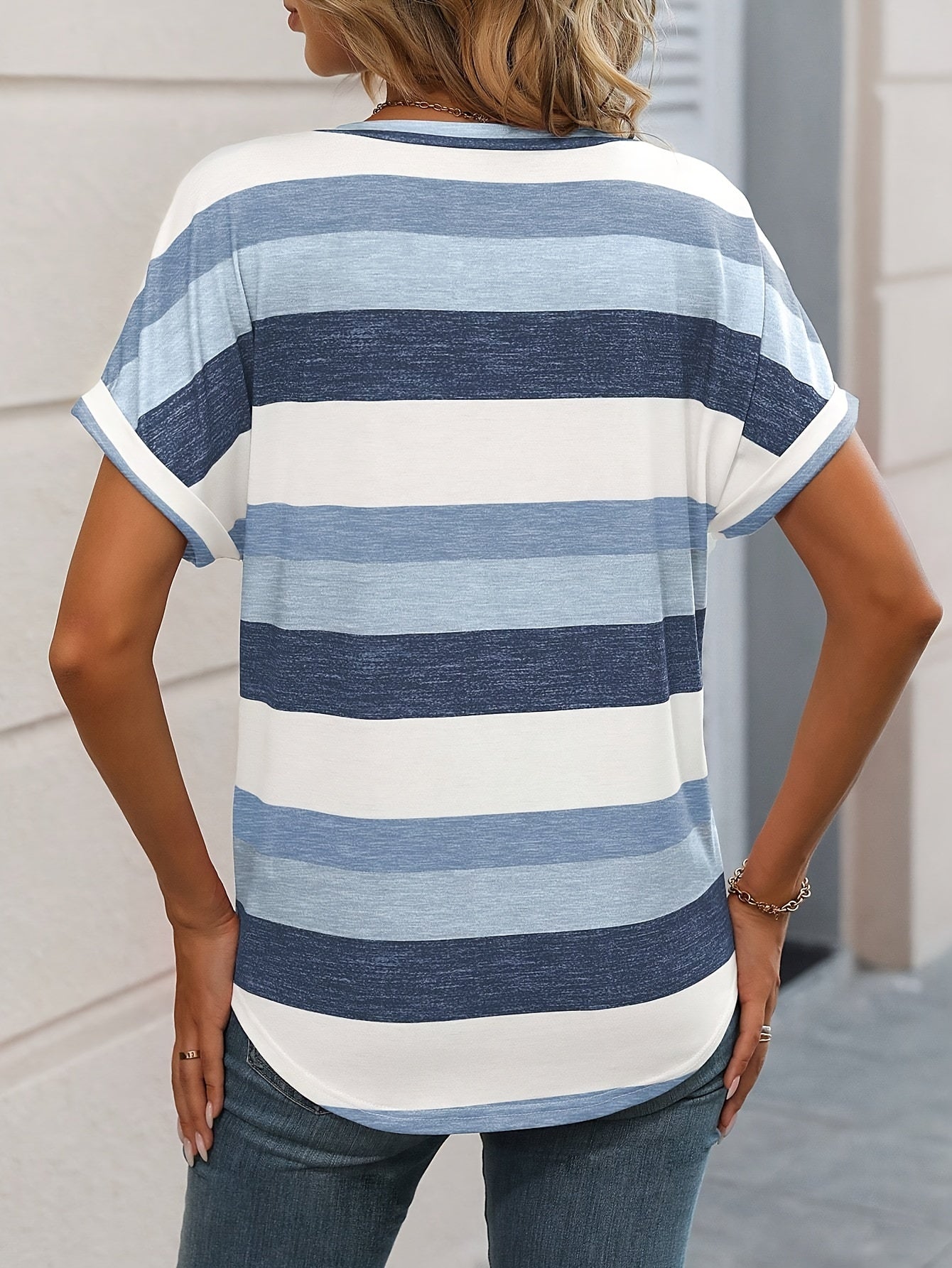 Stripe Print V Neck T-Shirt, Casual Short Sleeve T-Shirt