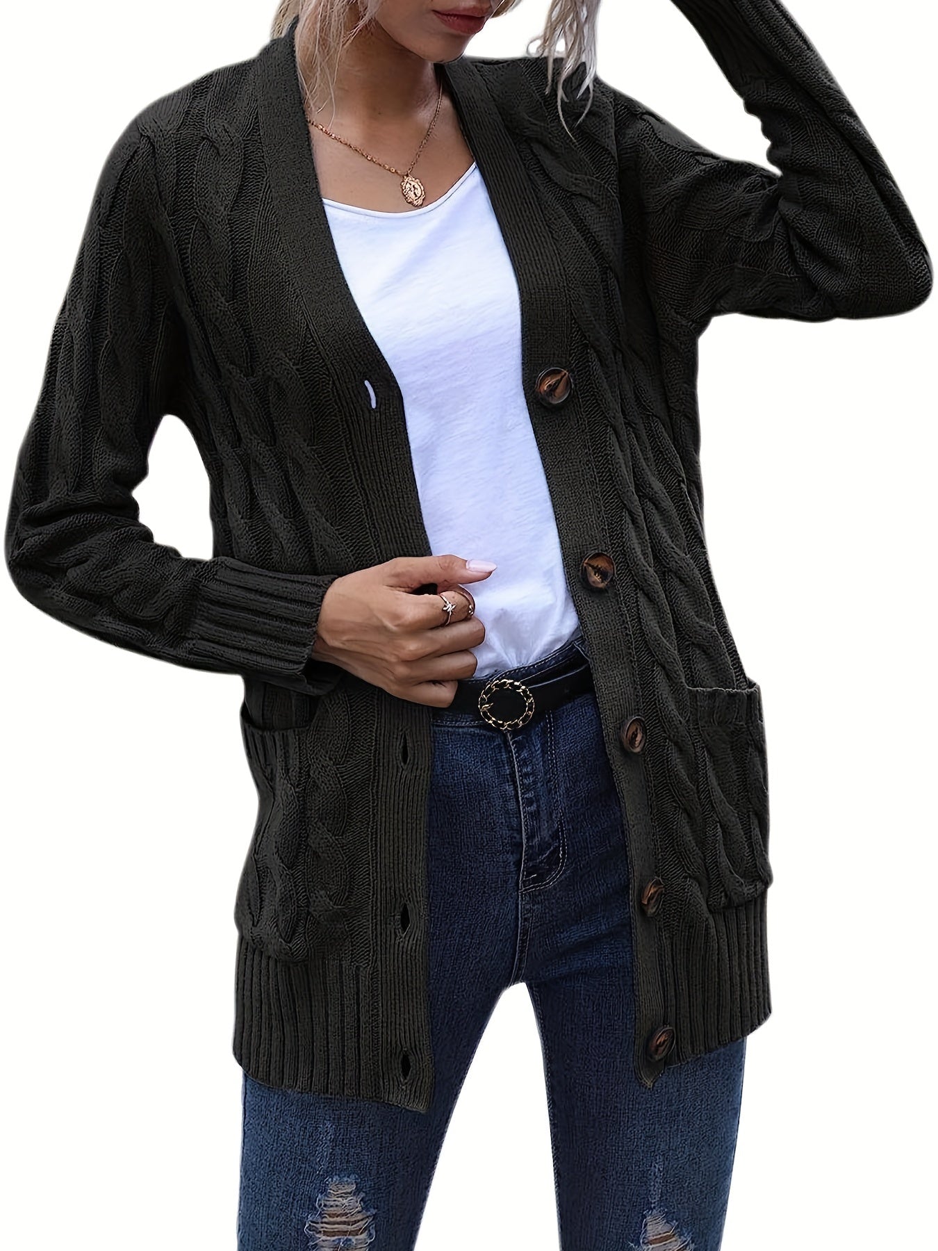 Cable Knit Button Front Cardigan, Casual Solid Long Sleeve Cardigan