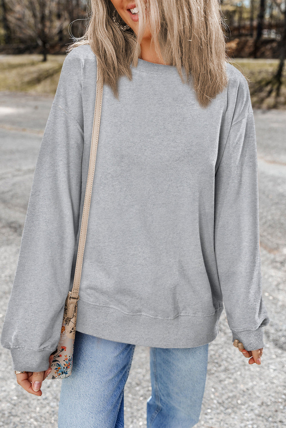 Light Grey Plain Drop Shoulder Crewneck Pullover Sweatshirt