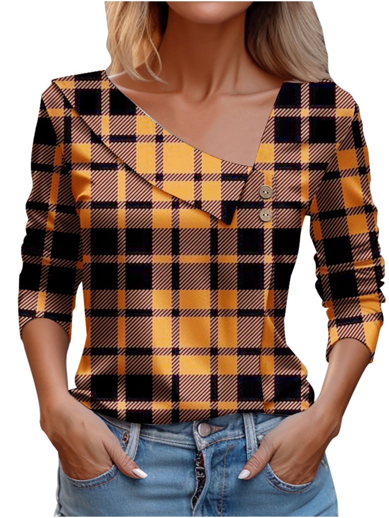Chic Plaid Print Elegant Long Sleeve V-Neck T-Shirt