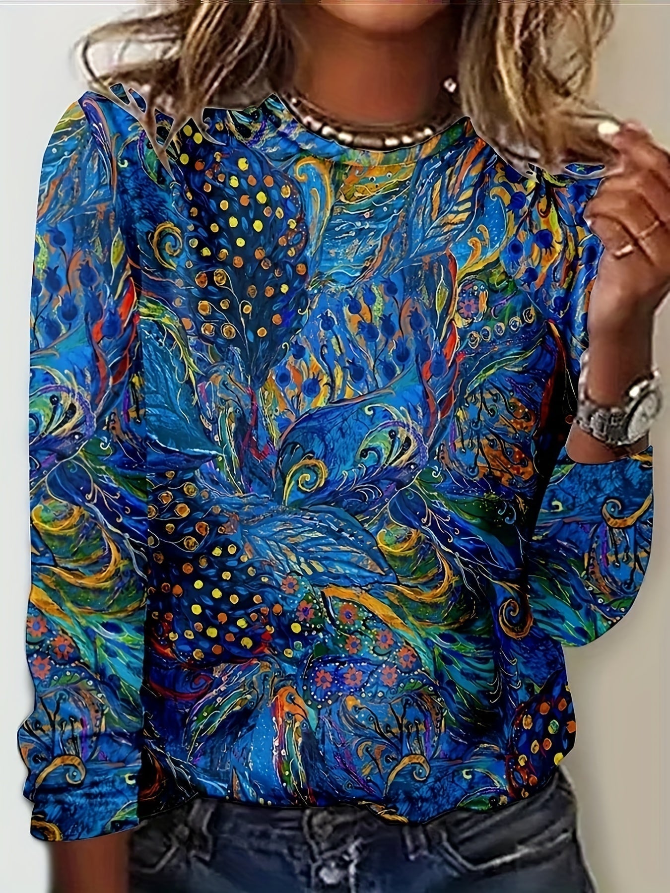 Long Sleeve Vibrant All Over Print Crew Neck T-Shirt