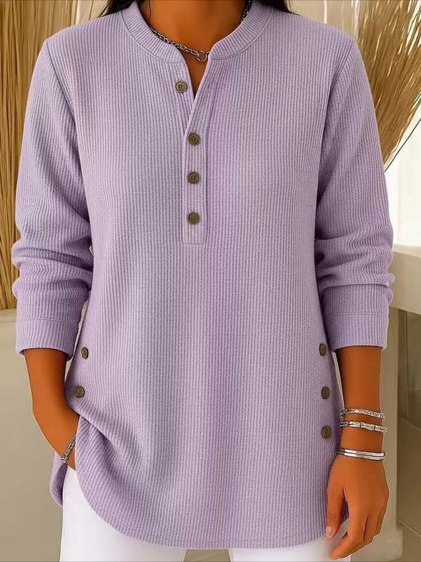 Corduroy Solid Color Loose Casual V-Neck Button Long Sleeve Top