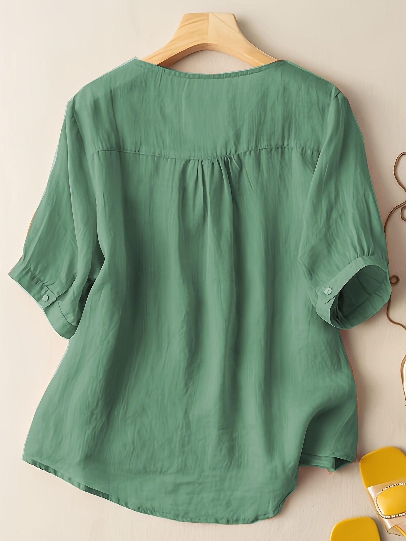 Floral Embroidery V Neck T-shirt, Vintage Half Sleeve Cotton Loose T-shirt