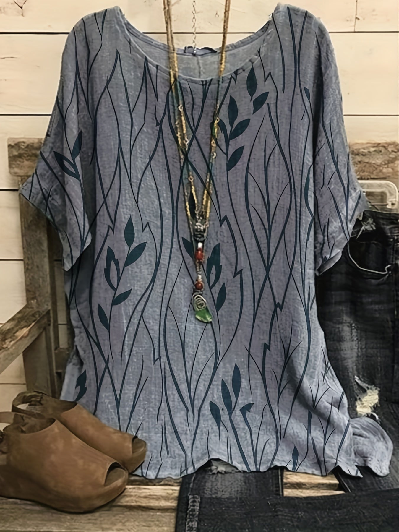 Print Crew Neck Blouses, Casual Loose Half Sleeve Fashion Shirts Tops, Women's Clothing